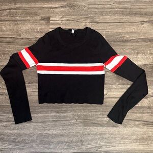 Chic Black Crop Top with Red and White Stripes